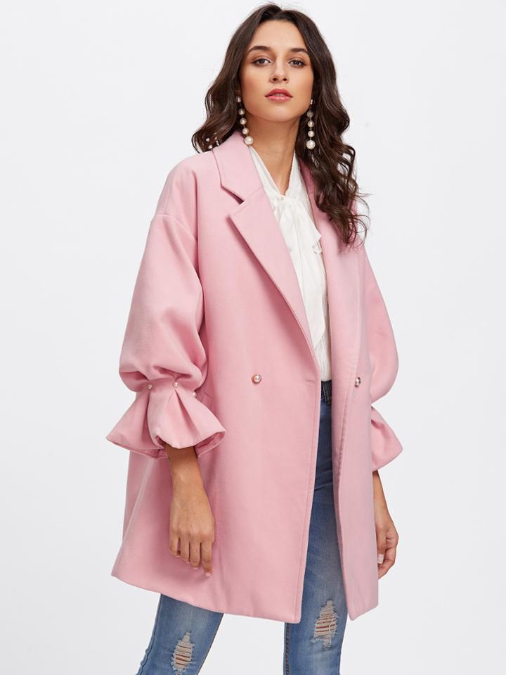 Romwe Drop Shoulder Pearl Detail Ruffle Cuff Coat