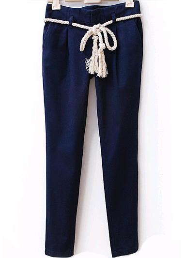 Romwe Pockets Slim Navy Pant With Hemp Rope