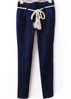Romwe Pockets Slim Navy Pant With Hemp Rope