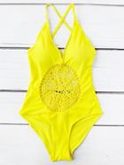 Romwe Crochet Detail Plunge Neck One-piece Swimwear