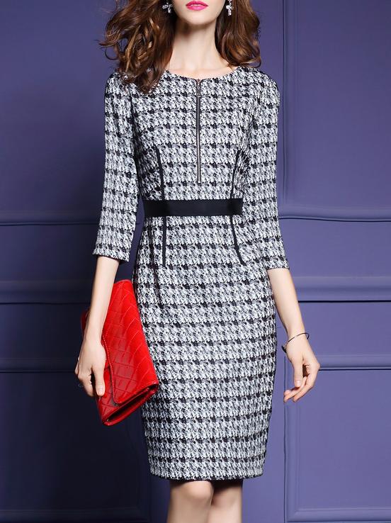 Romwe Black Zipper Houndstooth Sheath Dress