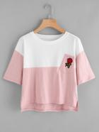 Romwe Rose Embroidered Applique Color Block Tee