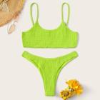 Romwe Neon Lime Smocked Top With Cheeky Bikini