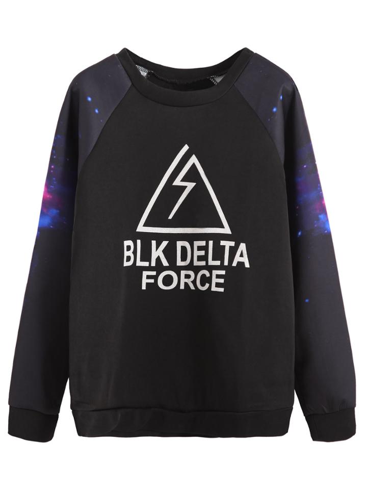Romwe Black Printed Raglan Sleeve Sweatshirt