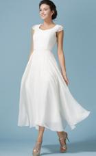 Romwe Lace Insert Pleated Chiffon White Dress