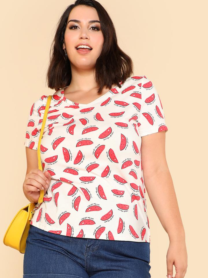 Romwe Allover Watermelon Print Curved Hem Tee
