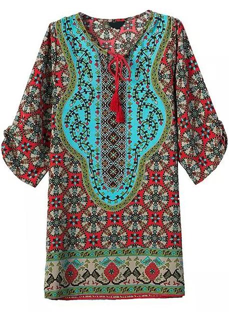 Romwe Lace Up Vintage Print Shift Dress