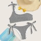 Romwe One Shoulder Top With Tie Side Striped Bikini Set
