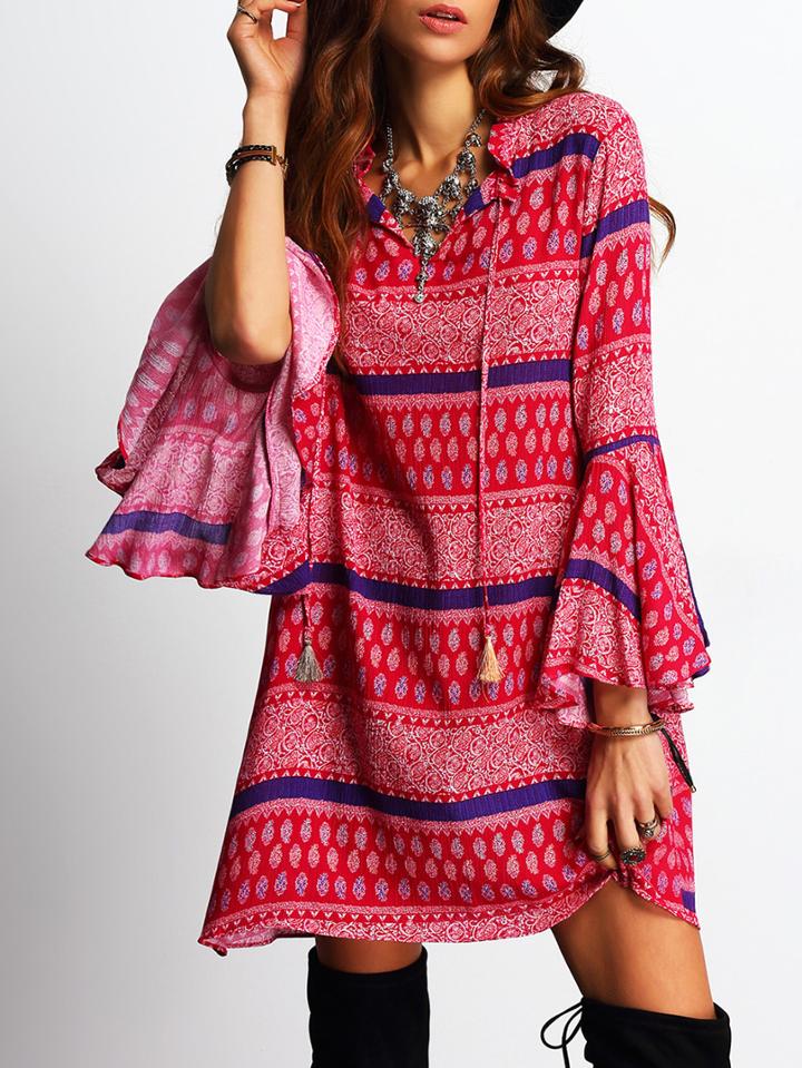 Romwe Bell Sleeve Tassel Vintage Print Dress