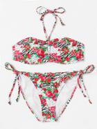 Romwe Flower Print Tie Side Bikini Set