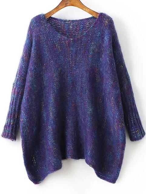 Romwe Navy Batwing Sleeve Asymmetrical Marled Knit Sweater