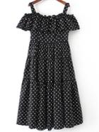Romwe Black Polka Dot Cold Shoulder Ruffle Dress