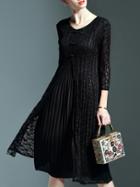 Romwe Black Crew Neck Floral Pleated Dress