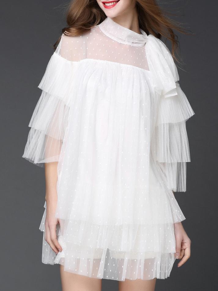 Romwe White Tie Neck Ruffle Sheer Gauze Dress