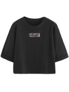 Romwe Black Letter Embroidery Patch Roll Sleeve T-shirt