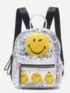 Romwe Silver Sequin Embellished Smiling Face Backpack