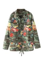 Romwe Camouflage & Floral Print Drawstring Coat