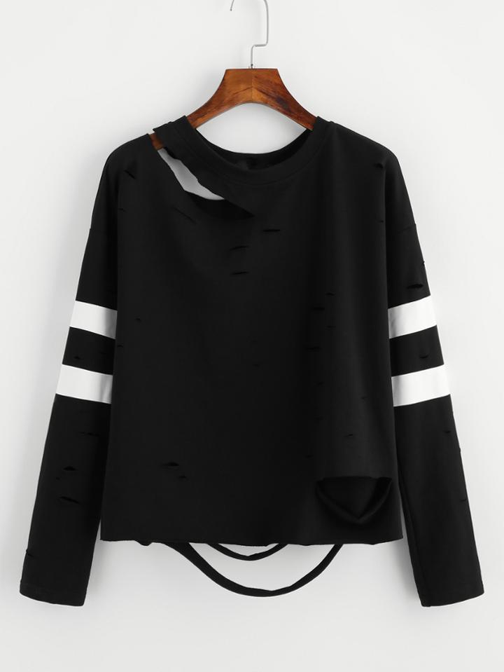 Romwe Striped Sleeve Distressed Sweatshirt