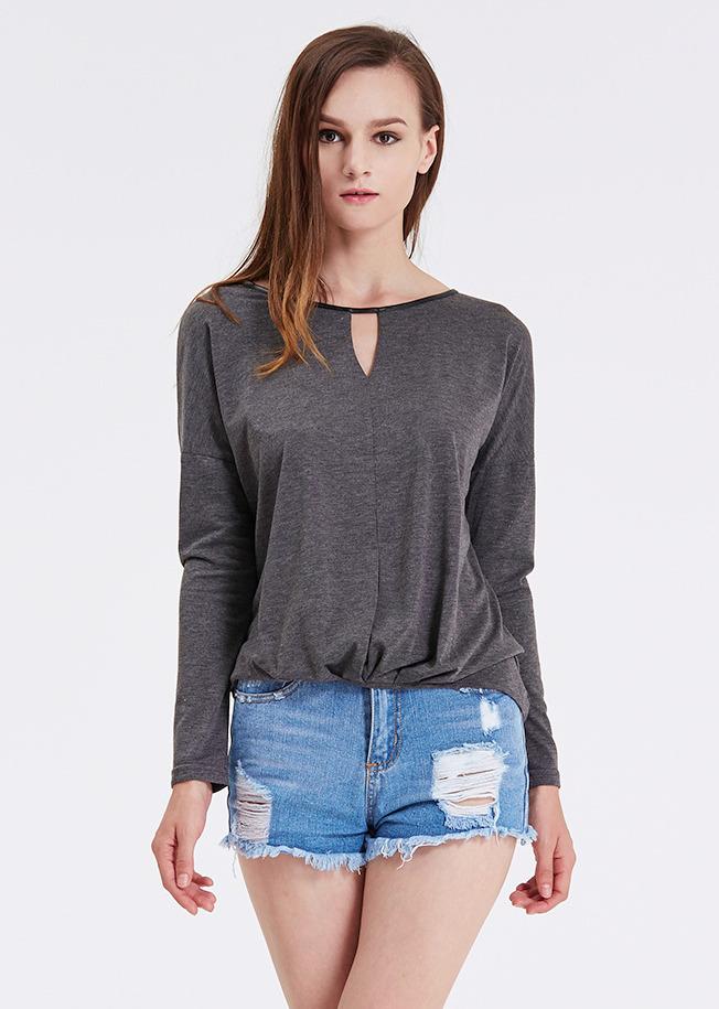 Romwe Grey Long Sleeve Casual T-shirt