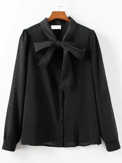 Romwe Tie Neck Black Blouse
