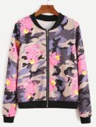 Romwe Camo And Flower Print Contrast Trim Zip Up Jacket