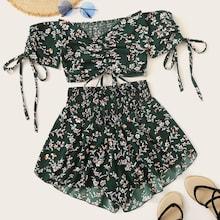 Romwe Ditsy Floral Drawstring Shirred Off Shoulder Top With Shorts