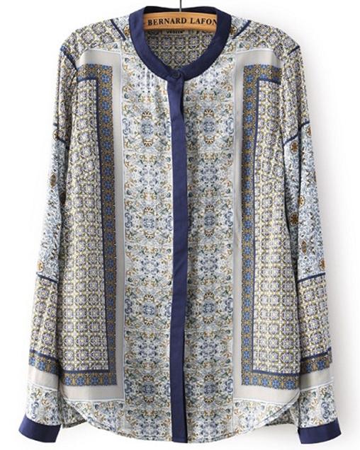 Romwe Stand Collar Vintage Print Blouse