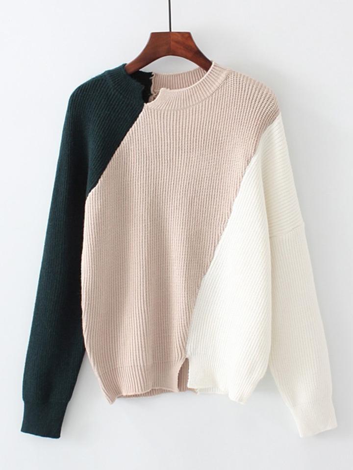 Romwe Slit Detail Cut & Sew Panel Sweater