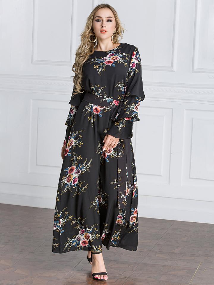 Romwe Layered Sleeve Floral Print Maxi Dress