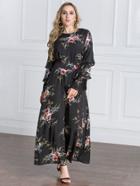 Romwe Layered Sleeve Floral Print Maxi Dress