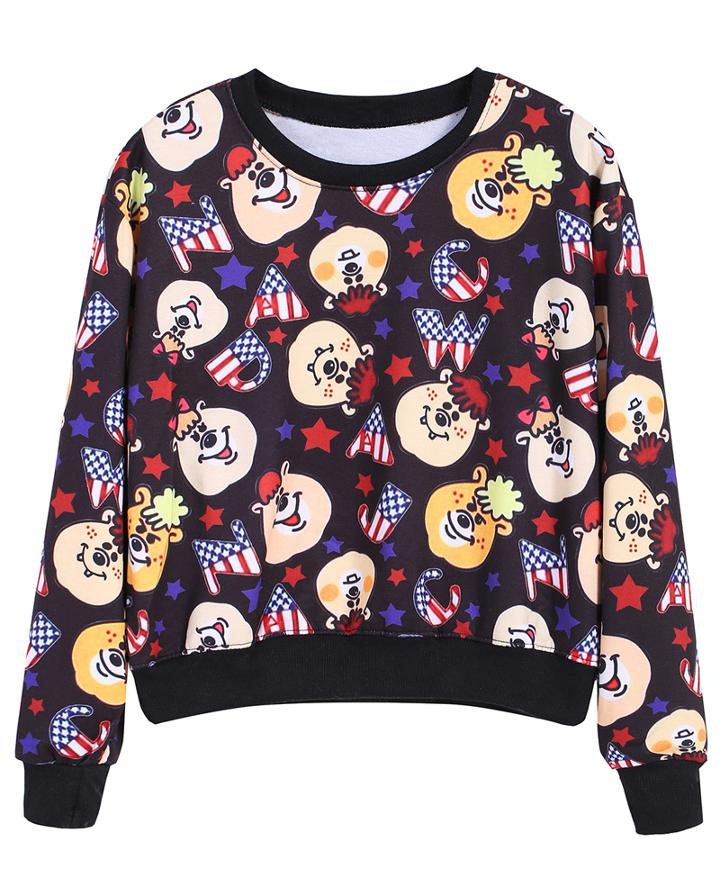 Romwe Cartoon Stars Print Crop Sweatshirt