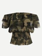 Romwe Olive Green Camo Print Off The Shoulder Top