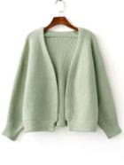 Romwe Green Open Front Drop Shoulder Ribbed Chunky Sweater Coat