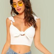 Romwe Ruffle Strap Knot Front Crop Top