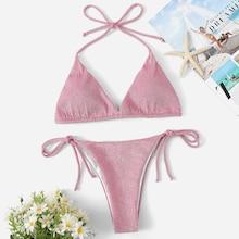 Romwe Triangle Halter Top With Tie Side Bikini
