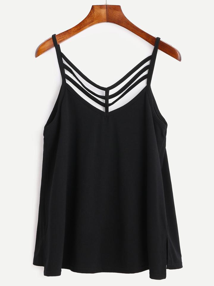 Romwe Black Cut Out Strappy Split Side Caim Top