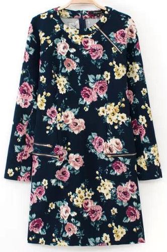 Romwe Navy Long Sleeve Vintage Floral Dress