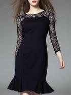 Romwe Black Round Neck Long Sleeve Contrast Fishtail Lace Dress