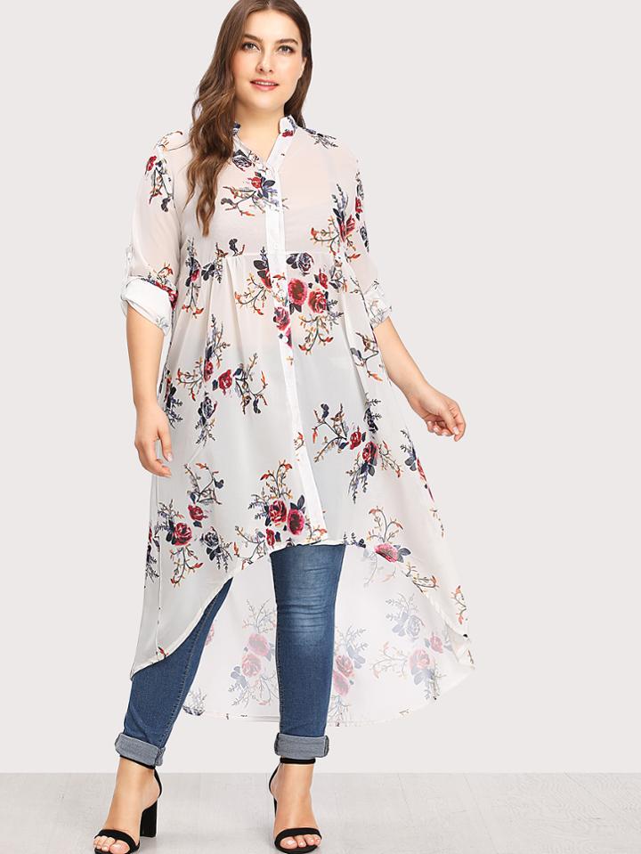 Romwe Floral Print Dip Hem Blouse
