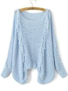Romwe Blue Hollow Out Fringe Detail Batwing Sleeve Sweater