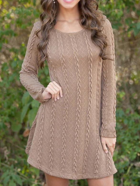 Romwe Crew Neck Cable Knit Camel Sweater Dress