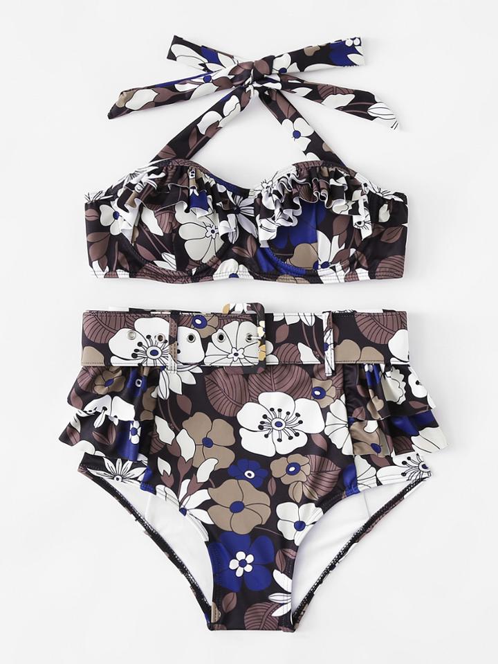 Romwe Flower Print Layered Ruffle Bikini Set