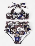 Romwe Flower Print Layered Ruffle Bikini Set