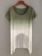 Romwe Olive Green Ombre Fringe T-shirt