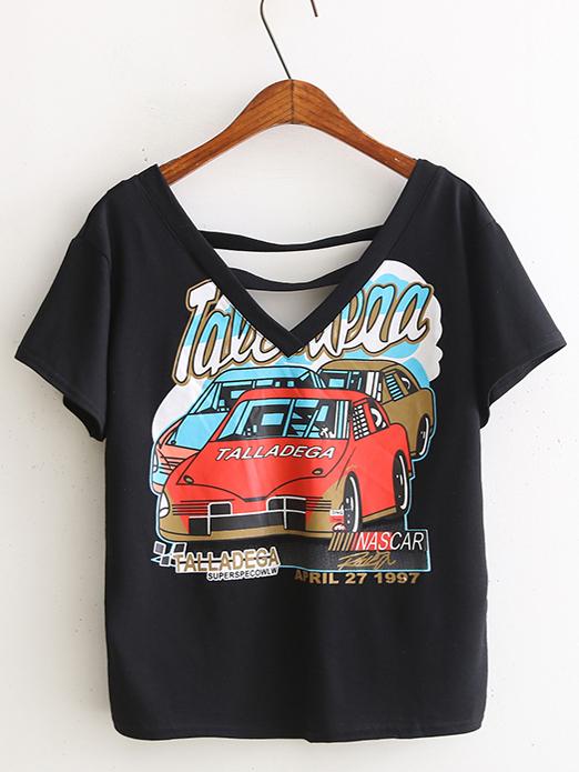 Romwe Black V Neck Car Printed T-shirt