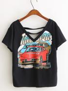 Romwe Black V Neck Car Printed T-shirt
