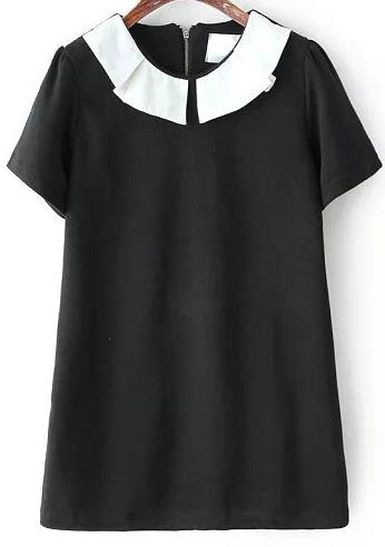 Romwe Doll Collar Short Sleeve With Zipper Shift Black Dress