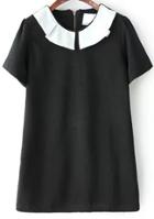 Romwe Doll Collar Short Sleeve With Zipper Shift Black Dress