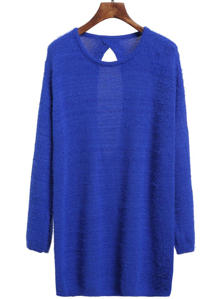 Romwe Crew Neck Hollow Back Loose Blue Sweater