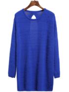 Romwe Crew Neck Hollow Back Loose Blue Sweater